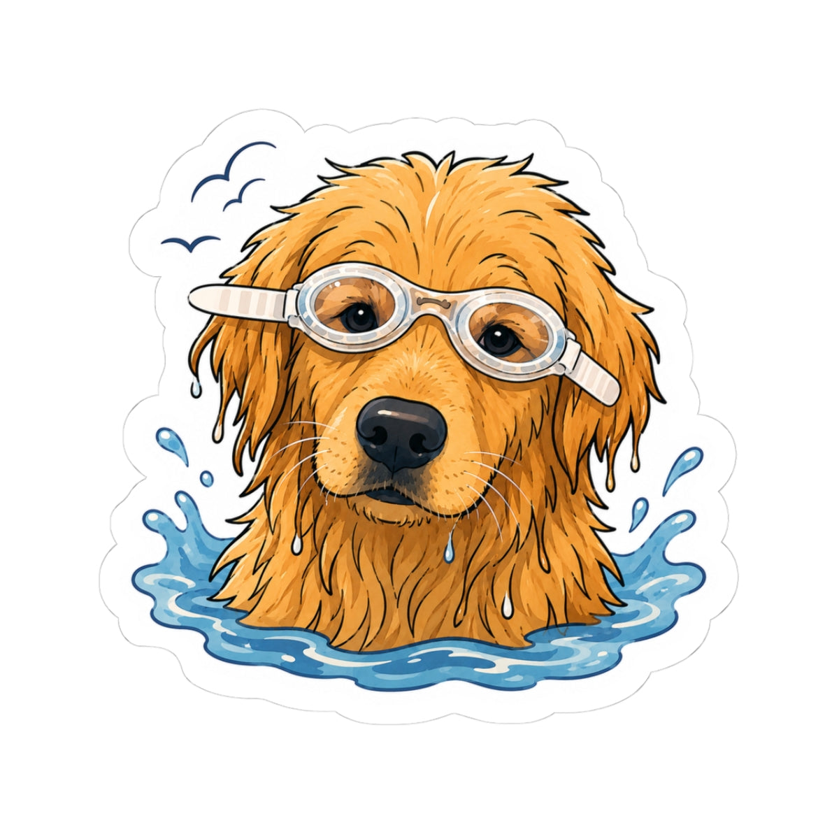 Golden Retriever Swimming Sticker — Cute Dog with Goggles Kiss-Cut Decal